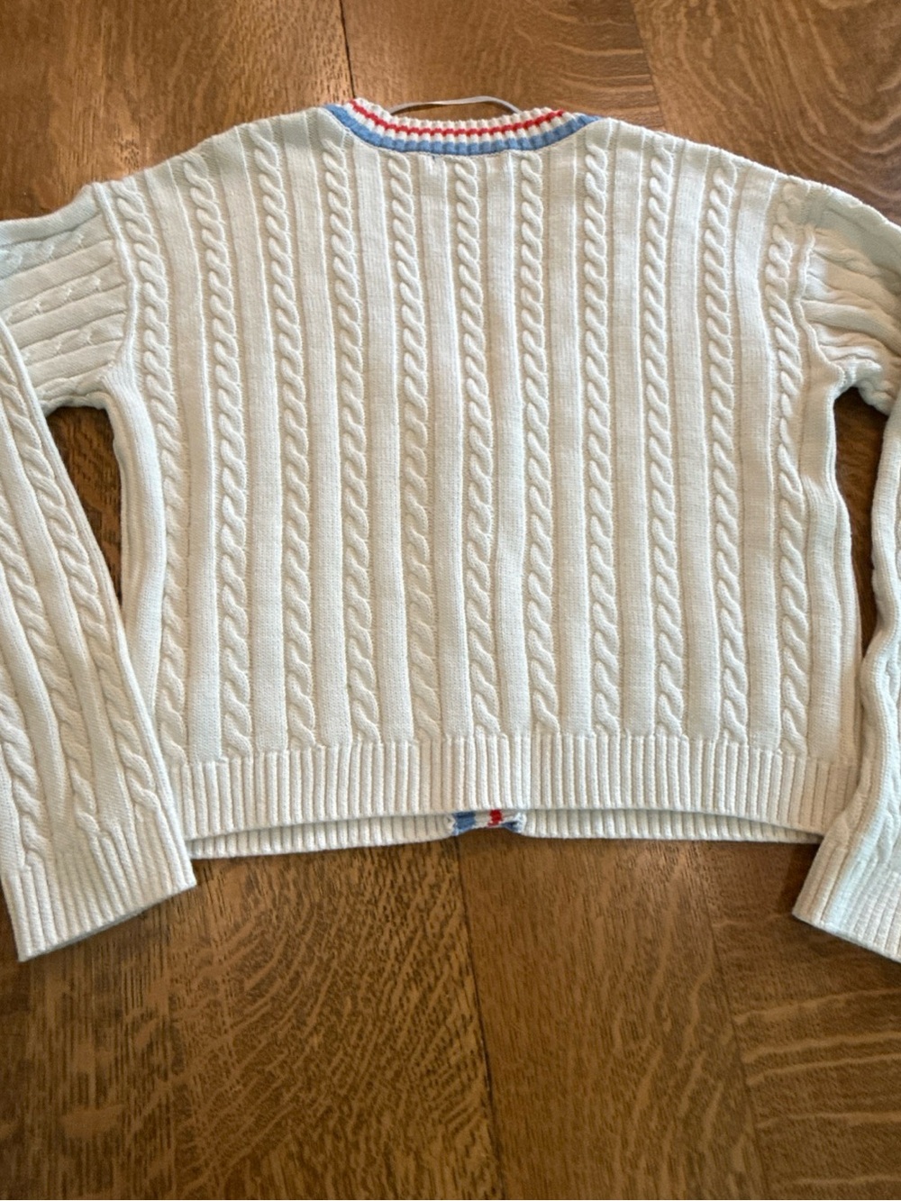 Prince Cream Cable Knit Cardigan with Red & Blue Stripe Trim - Picture 12 of 13